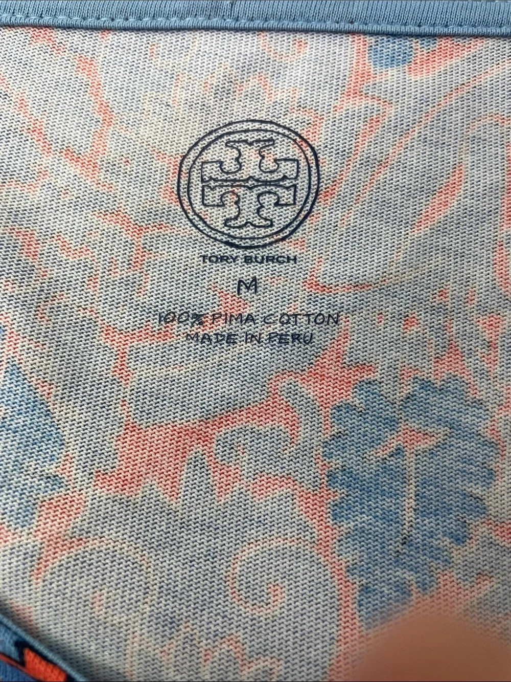 Tory Burch Blue and Coral Paisley Short Sleeve Shift Dress, Size M